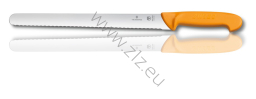 Victorinox 5.8443.35 Swibo WENGER Slicing knife, nóż do plastrowania, ostrze ząbowane, 35 cm czubek zaokrąglony, uchwyt żółty (dostępne ostrza: 25 cm; 30 cm; 35 cm)